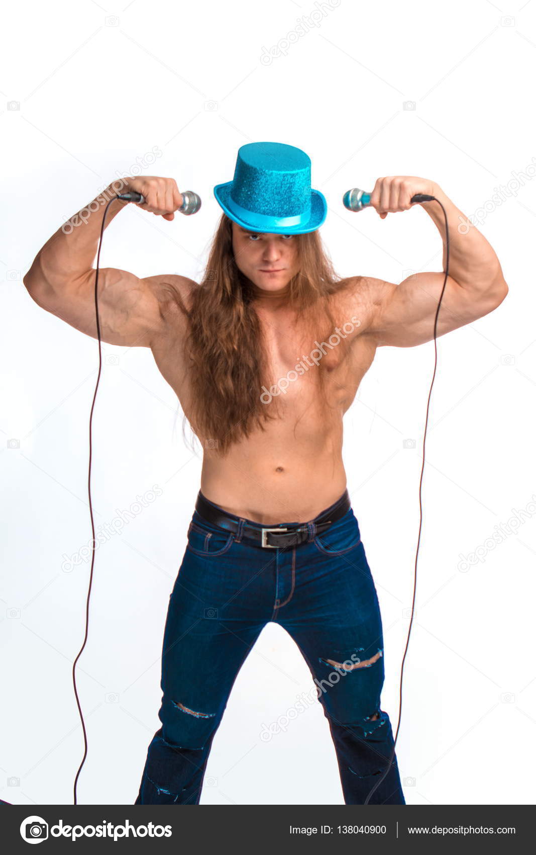 Singer Bodybuilder Shirtless With Long Hair In A Blue Hat With A