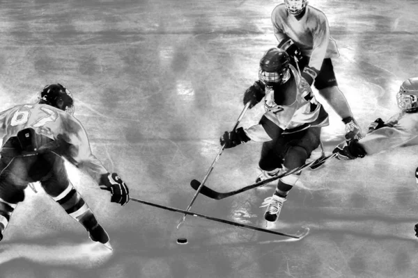 Hockey players black and white grunge look effect — Stock Photo, Image