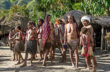 Dugum Dani kabile insanlar geleneksel köy içinde