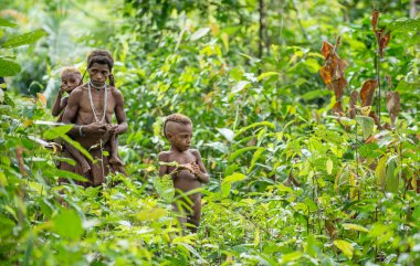 Papua kadın ve küçük çocuk Korowai kabilesinin 
