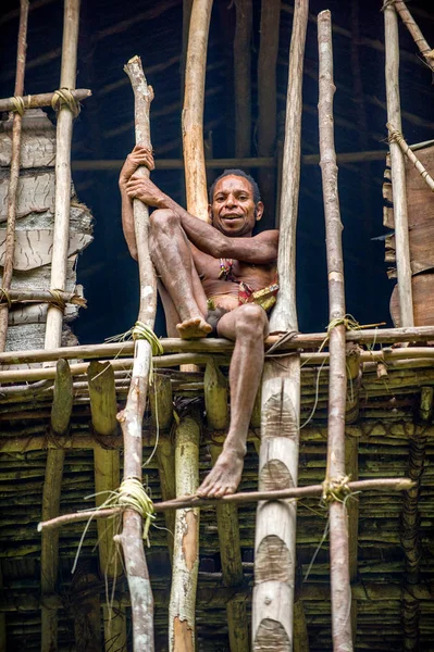 Papuan da tribo Korowai sobe em casa — Fotografia de Stock