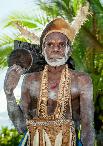Przywódca plemienia Asmat z bębnem — Zdjęcie stockowe