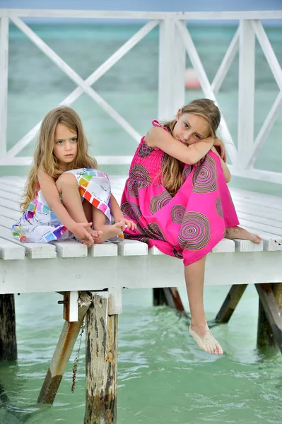 Little Girls Colorful Dress White Wooden Pier Ocean Cuba Caya — Stock Photo, Image