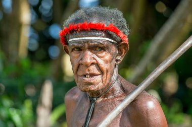Dani Köyü, Wamena, Irian Jaya, Yeni Gine, Endonezya, 4 Haziran 2016: yakın Dugum Dani savaşçı portre portre yukarı. 4 Haziran 2016 Baliem Vadisi Papua veya Irian Jaya Endonezya Yeni Gine