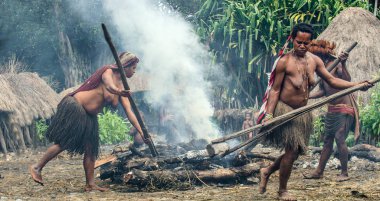 Baliem Vadisi, Batı Papua, Endonezya, 4 Haziran 2016: Dugum Dani kabile insanlar domuz Festivali'nde. Sıcak taş için ahşap küçük kadınlarla. Yeni Gine Adası, Iran Jaya, Endonezya üzerinde 4 Haziran 2016