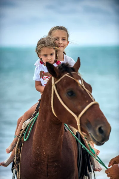 Little Girls Riding Horse Beach Cuba Caya Coco Island — Stock Photo, Image