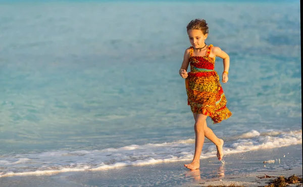 Cute Little Girl Running Sandy Beach Cuba Caya Coco Island — Stock Photo, Image