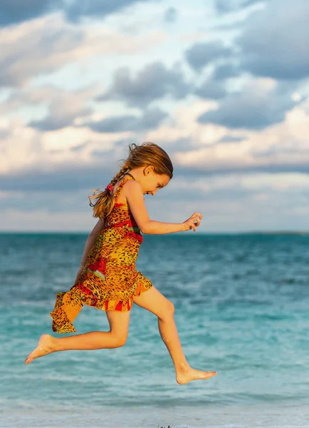 Cute Little Girl Running Sandy Beach Cuba Caya Coco Island — Stock Photo, Image