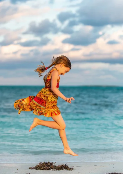 Cute Little Girl Running Sandy Beach Cuba Caya Coco Island — Stock Photo, Image