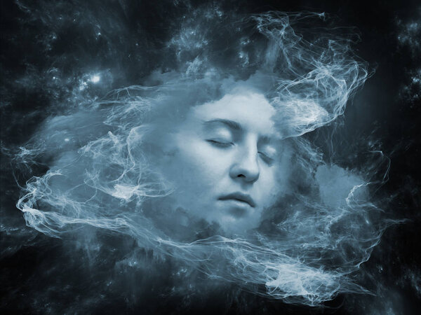 Will Universe Remember Me series. Composition of human face and fractal smoke nebula on the subject of human mind, imagination, memory and dreams