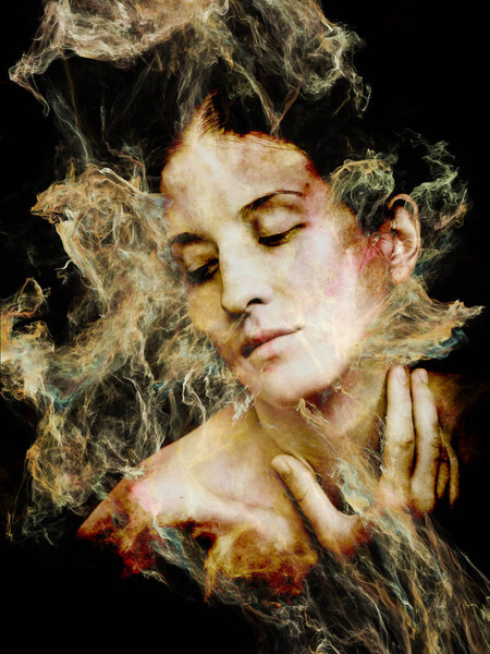Thinking Up Reality series. Surreal female portrait blended into background on the subject of dreaming, imagination and mystical experience.