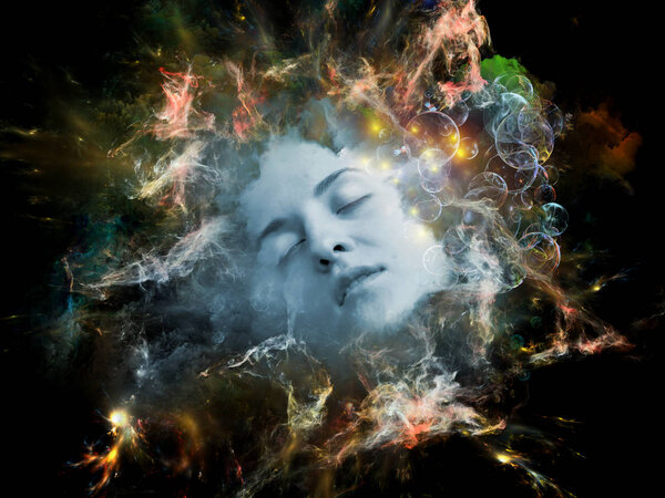 Will Universe Remember Me series. Arrangement of human face and fractal smoke nebula on the subject of human mind, imagination, memory and dreams