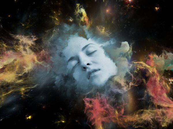 Will Universe Remember Me series. Composition of human face and fractal smoke nebula on the subject of human mind, imagination, memory and dreams