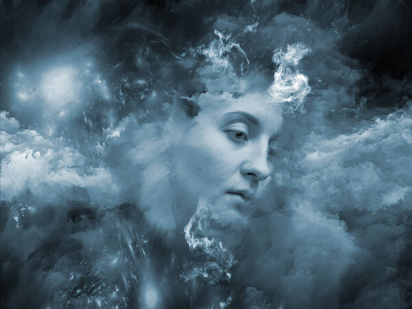 Will Universe Remember Me series. Background design of human face and fractal smoke nebula on the subject of human mind, imagination, memory and dreams