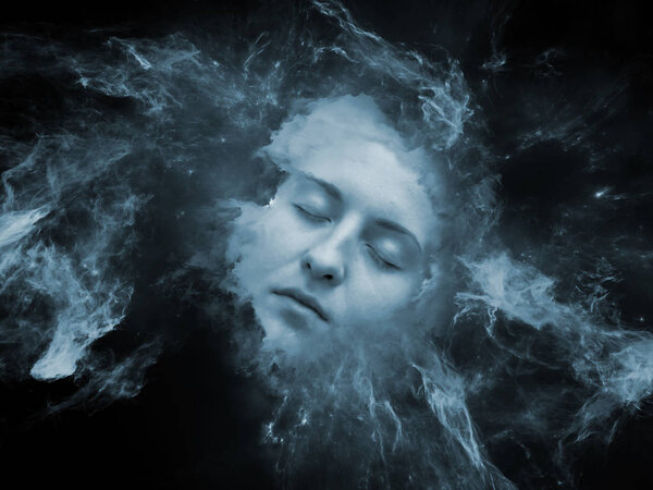 Will Universe Remember Me series. Interplay of human face and fractal smoke nebula on the subject of human mind, imagination, memory and dreams