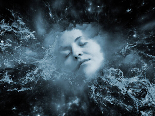 Will Universe Remember Me series. Arrangement of human face and fractal smoke nebula on the subject of human mind, imagination, memory and dreams