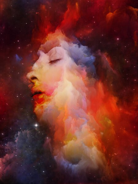 Will Universe Remember Us series. Abstract arrangement of woman's face, nebula and stars suitable for projects on Universe, Nature, human mind and imagination