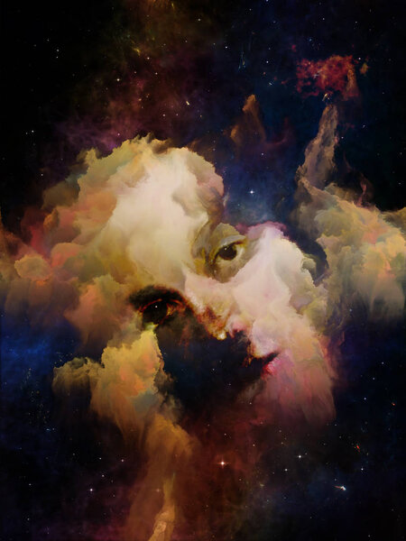 Will Universe Remember Us series. Creative arrangement of woman's face, nebula and stars for subject of Universe, Nature, human mind and imagination