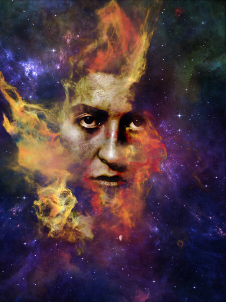 Will Universe Remember Us series. Backdrop of woman's face, nebula and stars on the subject of Universe, Nature, human mind and imagination