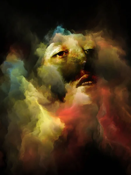 あなたの影シリーズ 想像力 精神的健康 創造性や人間の心をテーマに色フラクタル星雲テクスチャーと融合した女性の顔の現実的な肖像画 — ストック写真