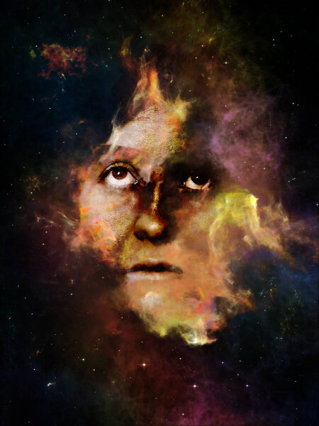 Nebula of You series. Background design of female portrait and space nebula on the subject of perception, imagination, inner world and human mind