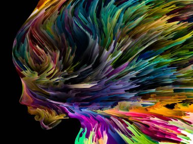 Rahatsız edici Düşünceler serisi. İnsan yüzü siluetinin içinde hareket halindeki kalın boya. İç dünya, zihin, psikoloji, depresyon, anksiyete, zihinsel hastalık, yaratıcılık ve soyut sanat konularındaki sanat çalışmaları.