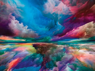 Hayalet Dağları. Gerçekliğe Kaçış dizisi. Sahne resmi, hayal gücü, yaratıcılık ve sanat konularında gerçeküstü günbatımı renkleri ve dokularının arka plan kompozisyonu