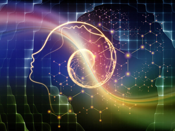 Out of Your Mind Science series. Spiral of human silhouette face line and abstract elements on the subject of consciousness, the mind, artificial intelligence and technology