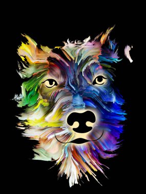 Aşk, dostluk, sadakat, köpek ve insan arasında arkadaşlık konularında siyah arka plan üzerine dijital yağlı boyayla köpek portresi. Tanrı hayvanları korusun..