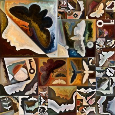 İç Şifreleme. Gizli anlamlar, kutsal yaşam, drama, şiir, mistisizm ve sanat konularındaki soyut organik formlar, sanat dokuları ve renklerin kolajı.