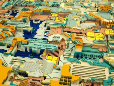 Yer Değiştirme Dünyası serisi. Bilim, modern teknoloji ve eğitim konularında soyut teknolojik örüntünün 3 boyutlu yorumlanması.