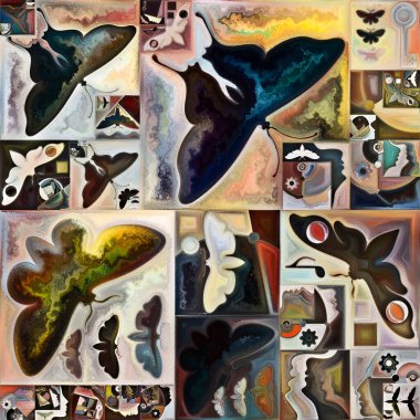 İç şifreleme serisi. Gizli anlamlar, kutsal yaşam, drama, şiir, mistisizm ve sanat konularındaki soyut organik formların ve sanat dokularının renkli kolajı.