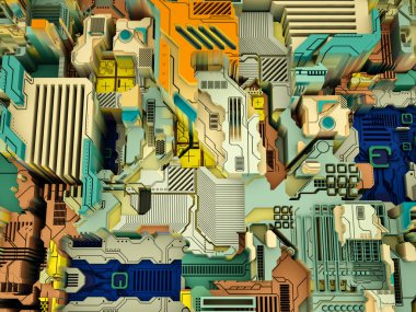 Yer Değiştirme Dünyası serisi. Bilim, modern teknoloji ve eğitim konularında soyut teknolojik örüntünün 3 boyutlu yorumlanması.