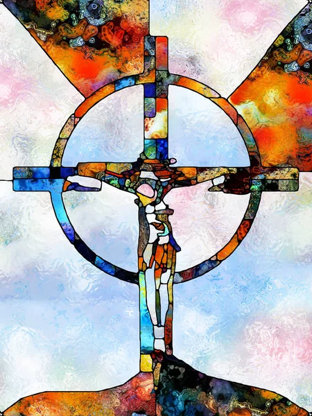 Farbenfroher Glaube Kreuz Der Glasmalerei Komposition Organischer Kirchenfenster Farbmuster Verbindung — Stockfoto