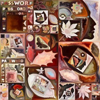 Çıkış Formu. Gizli şifre serisi. İnsan siluetinin düzenlenmesi, sanat dokuları ve renklerin iç yaşam, drama, şiir ve algı teması üzerine etkileşimi