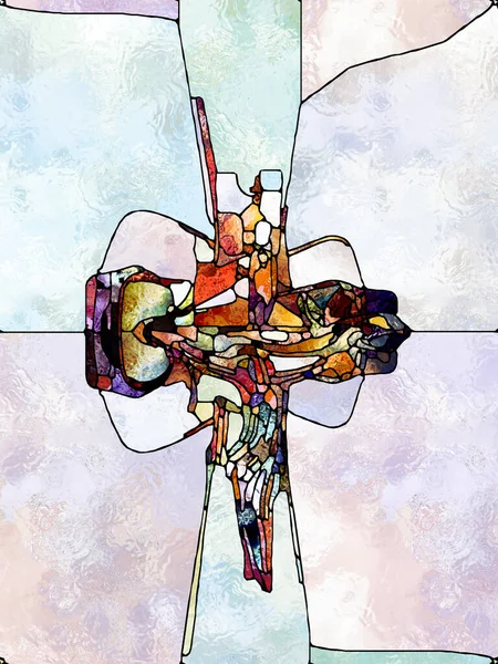 信仰心の弱さ ステンドグラスシリーズのクロス キリストと自然界のはりつけの断片化された一体性に関連する有機的な教会窓の色のパターンで作られた抽象的なデザイン — ストック写真