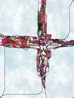 İnanç Parçaları. Lekeli Camların Haçı serisi. İsa ve Doğa 'nın çarmıha gerilmesinin parçalanmış birliği için organik kilise pencere desenlerinin grafiksel bileşimi