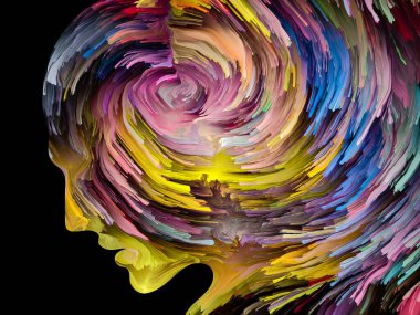 Rahatsız edici Düşünceler serisi. İnsan yüzü siluetinin içinde hareket halindeki koyu renk boya. İç dünya, zihin, psikoloji, depresyon, anksiyete, zihinsel hastalık, yaratıcılık ve soyut sanat konularındaki sanat çalışmaları.