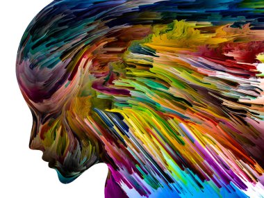 Rahatsız edici Düşünceler serisi. İnsan yüzü siluetinde hareketli renkli boya. İç dünya, zihin, psikoloji, depresyon, anksiyete, zihinsel hastalık, yaratıcılık ve soyut sanat konularındaki sanat çalışmaları.