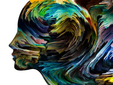 Rahatsız edici Düşünceler serisi. İnsan yüzü siluetinde desenli boya hareket halinde. İç dünya, zihin, psikoloji, depresyon, anksiyete, zihinsel hastalık, yaratıcılık ve soyut sanat konularındaki sanat çalışmaları.