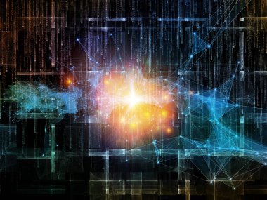 Bilgisayar ağı, sanal gerçeklik, internet ve modern teknolojiler üzerinde proje için sayılar, ağ sembolleri, ışıklar ve fraktal elemanların arka plan