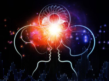 Minds serisinin buluşması. İşbirlikçi düşünme, beyin fırtınası, fikir alışverişi, öğretme ve öğrenme konusunda iki insan silueti, ok ve soyut unsurların etkileşimi
