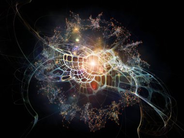 Uzayda çarpık üç boyutlu geometri yapısı. Teknoloji, bilim, eğitim ve araştırma konularındaki illüstrasyon.