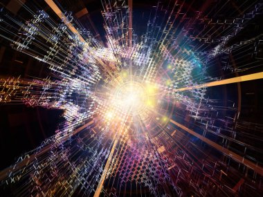 Teknoloji patlaması. Bilim, eğitim ve bilgisayar teknolojisi konusunda hızlı genişleme kavramını göstermek için parlak matematik tarafından oluşturulan soyut radyal unsurlar.