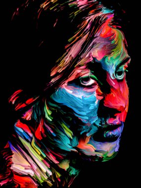 Canlı bir kadın. Yüz boyama serisi. Yaratıcılık, hayal gücü, resim ve görsel sanat teması üzerine siyah tuval üzerinde genç bir kadının renkli portresinin düzenlenmesi