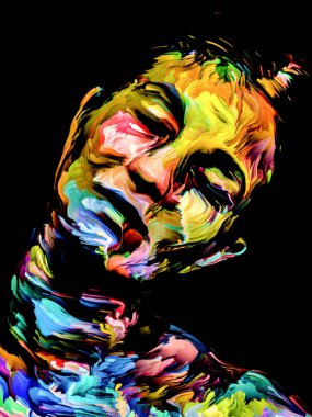 Canlı bir kadın. Yüz boyama serisi. Yaratıcılık, hayal gücü, resim ve görsel sanat teması üzerine siyah tuval üzerinde genç bir kadının renkli portresinin düzenlenmesi