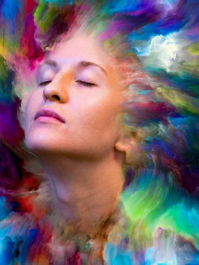 İç dış serisi. Duygular, duygular, iç dünya, yaratıcılık ve hayal gücü konusunda canlı boya ile arka plan kompozisyonu kadın portresi erimiş