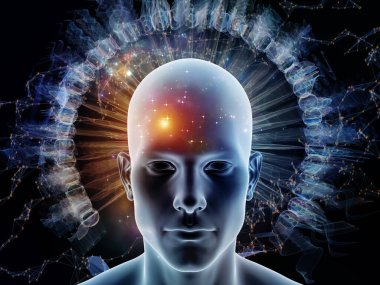 Düşünce Enerjisi serisi. İnsan kafası ve soyut fraktal yapılar insan zihninin işleyişini gösteren yapılardır..