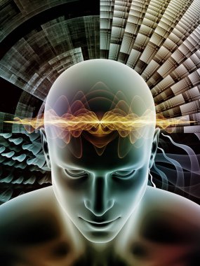 Vibrant Minds serisi. İnsan kafasının arka planı ve yapay zeka, düşünme kalıpları, eğitim ve modern teknoloji üzerine çeşitli fraktal dalga kalıpları.