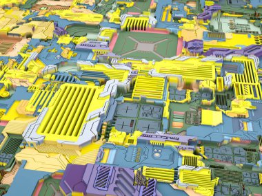 Yer Değiştirme Dünyası serisi. Bilim, modern teknoloji ve eğitim konularında soyut teknolojik örüntünün 3 boyutlu yorumlanması.